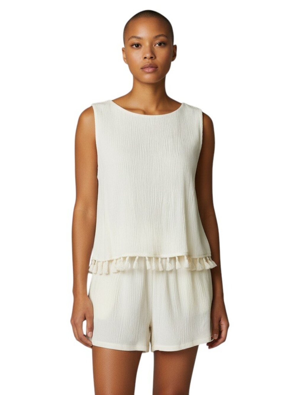 Yuni Apparel Ivory Tassel Trim Crinkle Sleeveless Romper Shorts Boho Size M